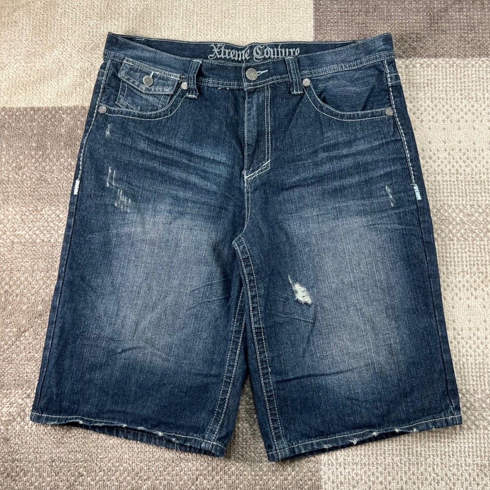Xtreme‎ Couture Mens Blue Distressed Baggy Denim Shorts Size 36 Heavy Stitch Y2K
